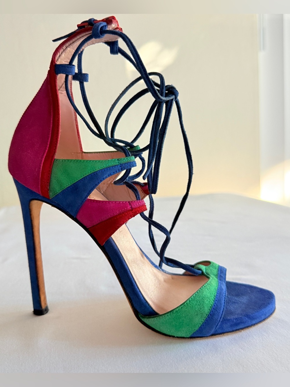 Stuart Weitzman Razzle Multicolor Suede Lace Up Stiletto Sandals Size 7 - Picture 4 of 16